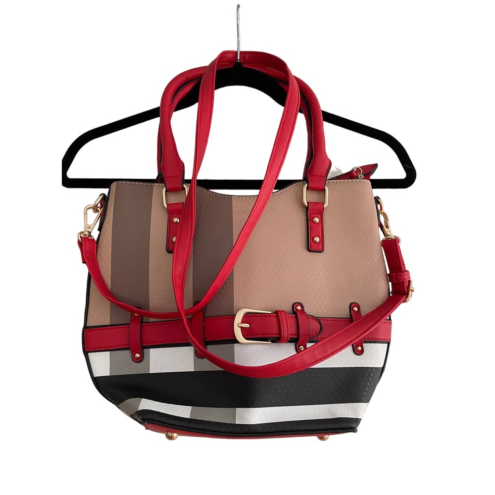 NWOT Adorable Vegan Leather Tote Crossbody Footed Plaid Belted Bag Purse.